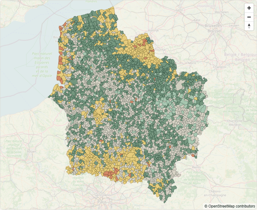 Extrait de la carte des prix immobiliers Terradata, choroplèthe par commune